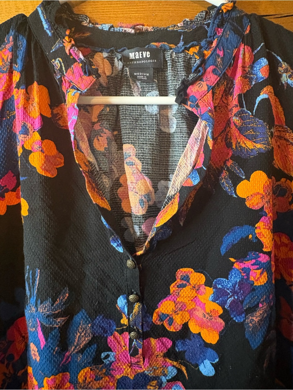 Euc ANTHROPOLOGIE MAEVE COLETTE PULLOVER PEASANT BLOUSE TOP PINK BLACK FLORAL M - Picture 7 of 11